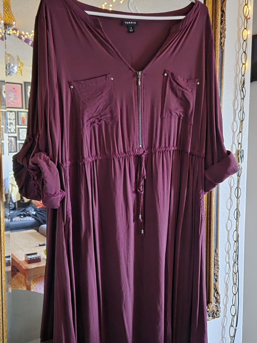 1x Torrid Plum Challis 3/4 Zip Front Drawstring Dress